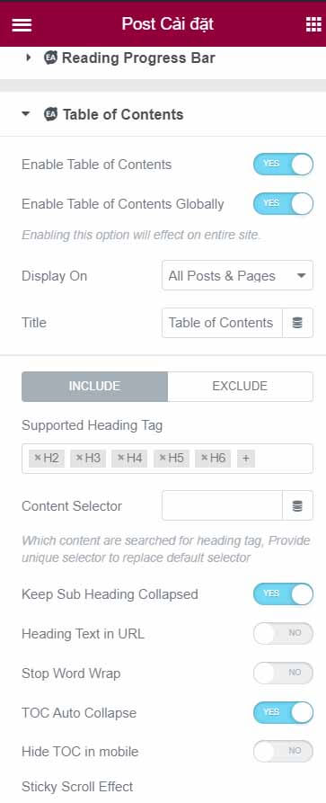 Cách Thêm Sticky Table Of Contents trong Elementor